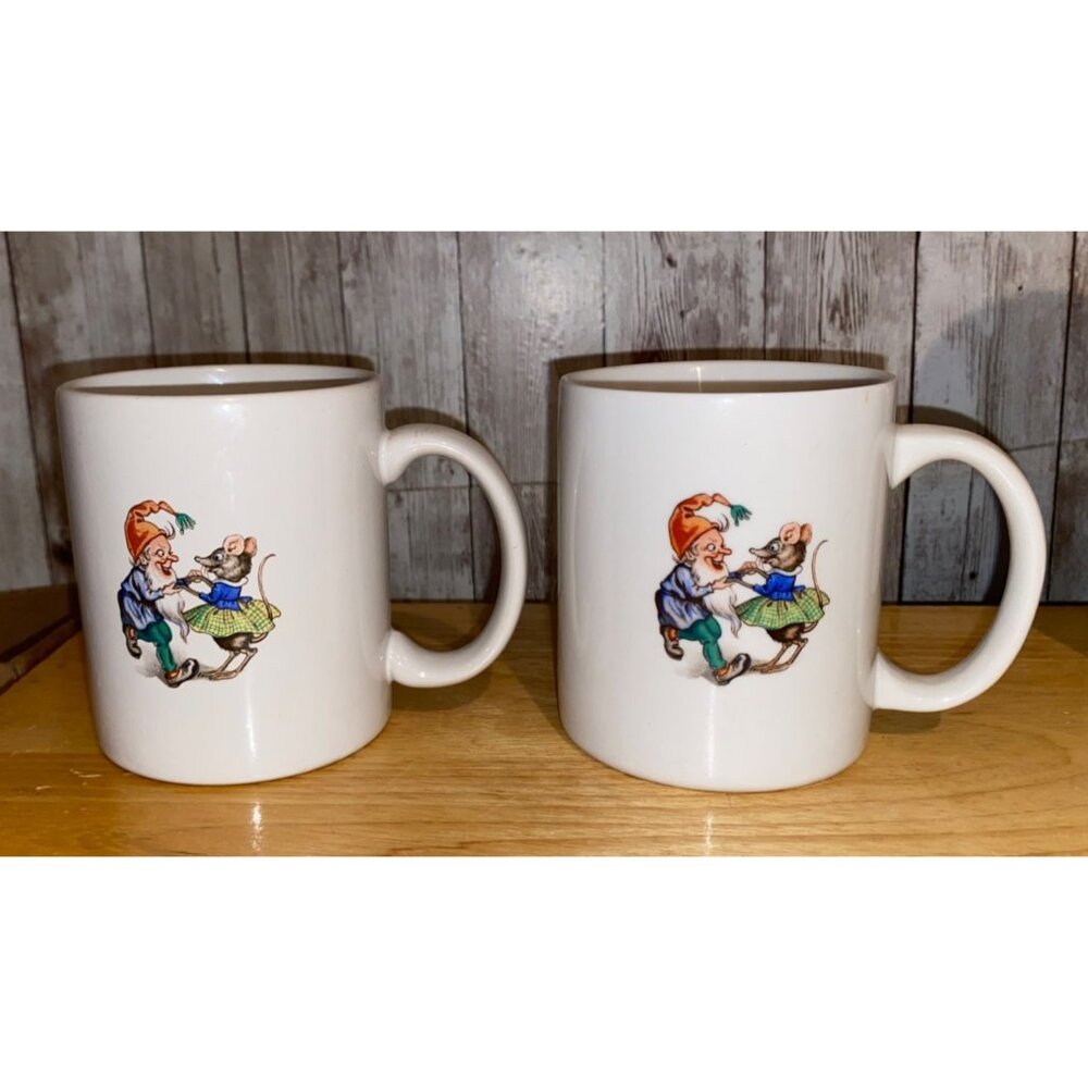 Vintage Ceramic Set of 2 Mugs with Whimsical Garden Gnome & Mouse Dancing Design